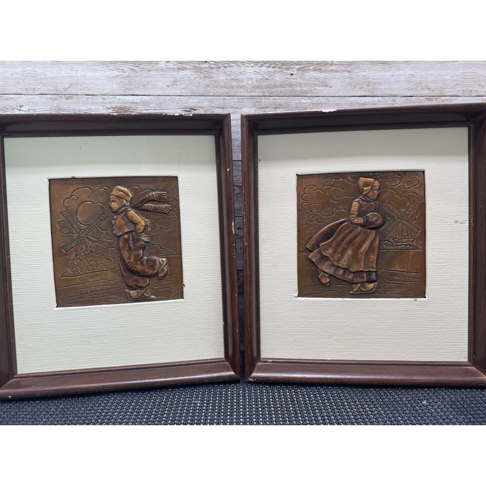 1948 Coppercraft of Hollywood 3D Copper Relief Art Dutch Boy Girl Pair VTG